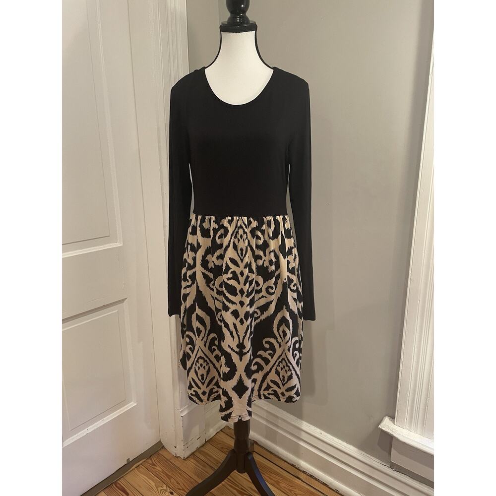 Black and Cream Long Sleeve Dress Women’s Size Large Longyuan NWT